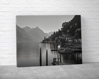 Lake Como Italy Wall Art | Vintage Coastal Town | Italian Landscape Canvas Print | Black & White Landscapes | Free Shipping