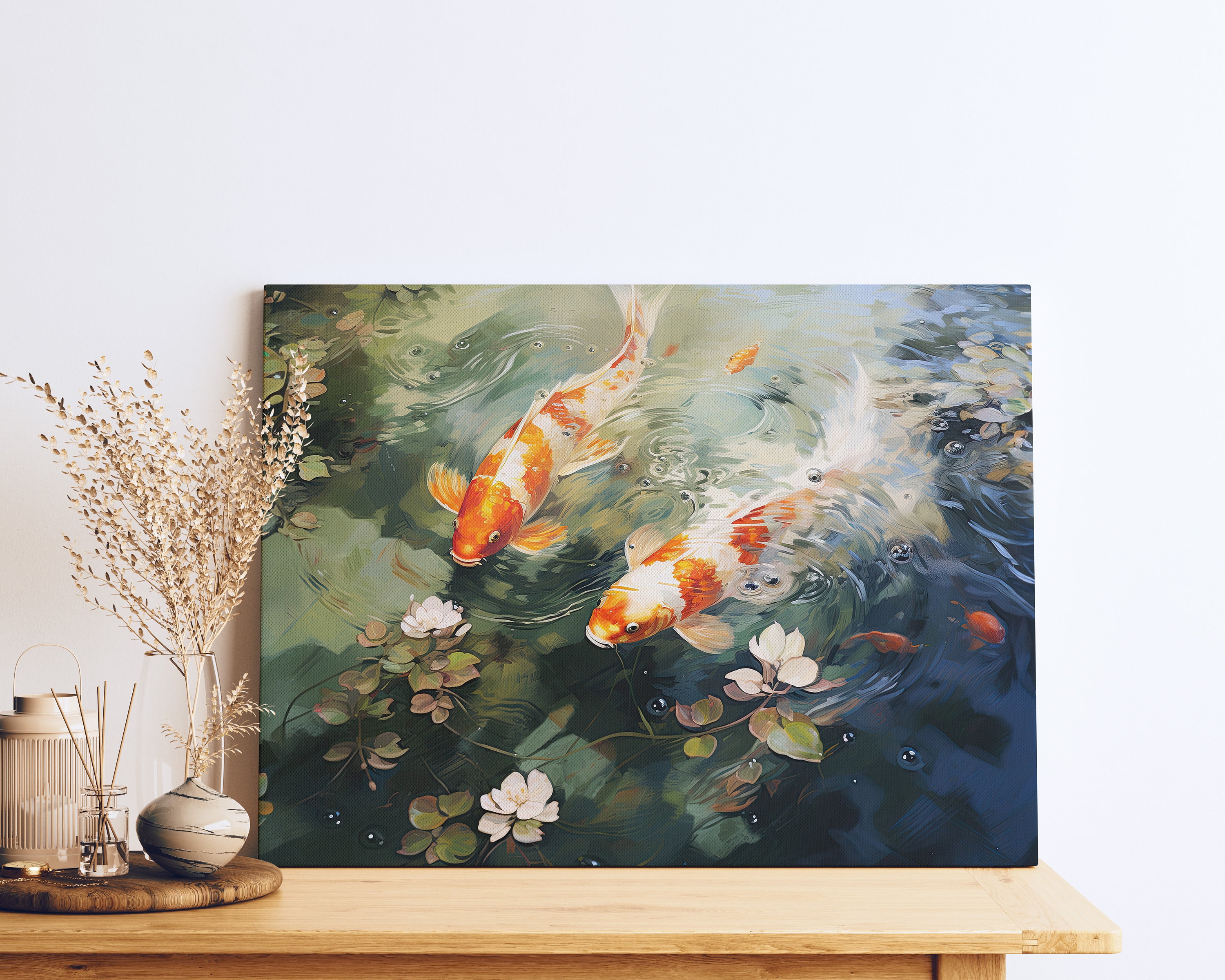 Koi Fish Painting Canvas Print Watercolor Zen Japanese Koi Wall Art,  Housewarming Gift Framed or Unframed Ready to Hang 
