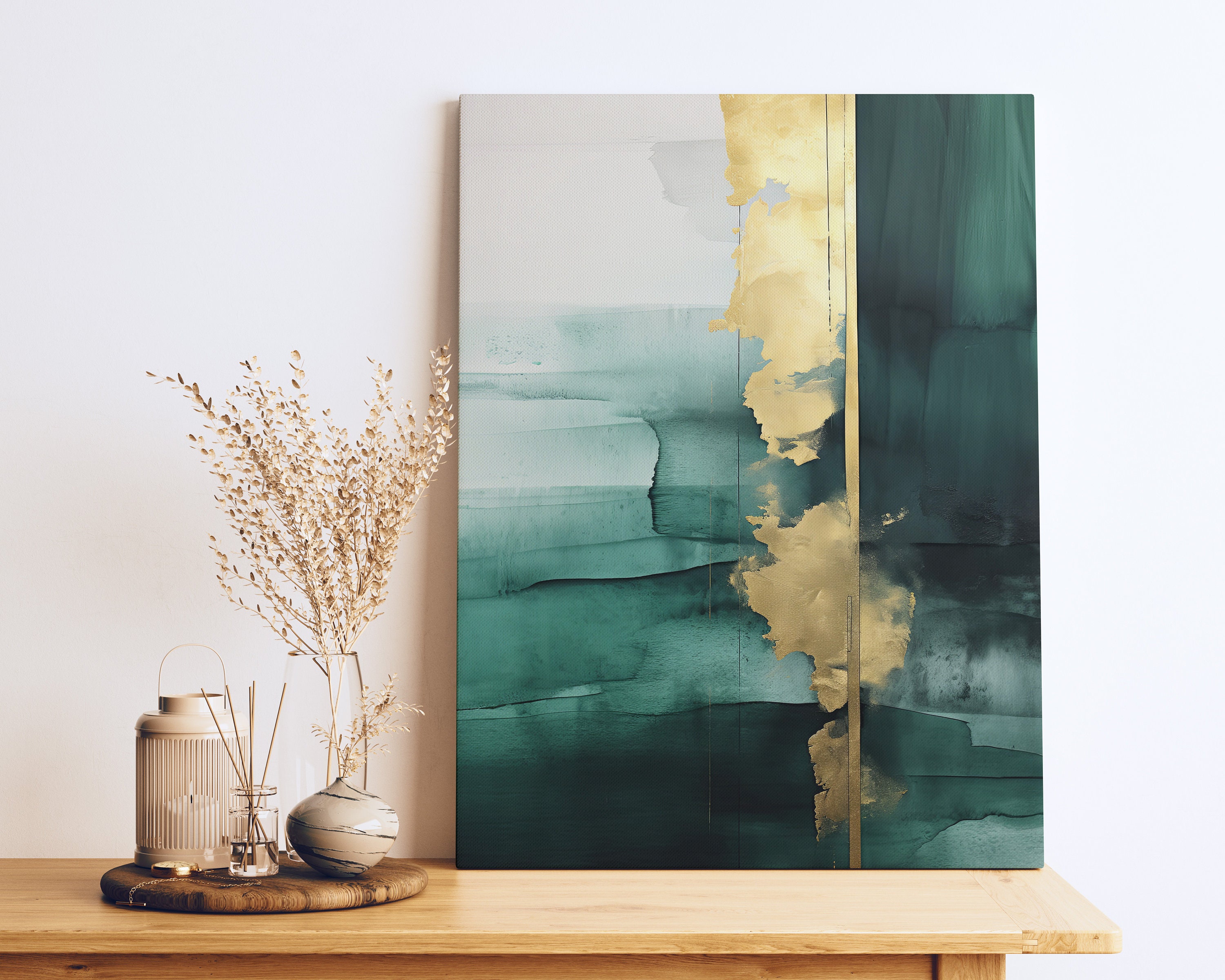 Wee Blue Coo Abstract Paint With Gold Green Art Print Canvas