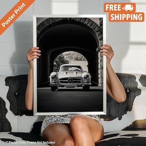 Póster del Mercedes 300 SL Gullwing: Impresión de coche clásico en blanco y negro