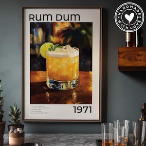 Póster vintage de Ron Dum, decoración de carrito de bar con recetas de cócteles, impresión enmarcada o póster, arte mural de bebida de ron para bar o cocina.