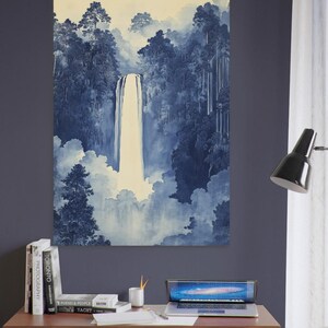 A traditional Japanese Hokusai waterfall poster wall art in blue. Available in multiple sizes with free shipping. (Poster only, no frame included, shown for illustration purposes only)