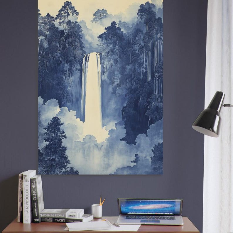 A traditional Japanese Hokusai waterfall poster wall art in blue. Available in multiple sizes with free shipping. (Poster only, no frame included, shown for illustration purposes only)