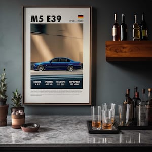Blauer BMW M5 E39 (Baujahr 1998), Sportwagen-Poster, gerahmtes Auto-Wandbild