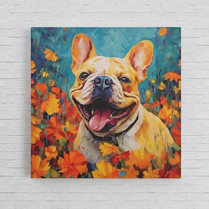 Van Gogh Inspired French Bulldog Portrait Pop Art Canvas, Colorful Dog Portrait For Dog Lover, Free Shipping