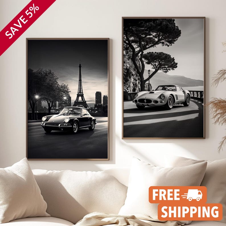 2 Pack Bundle Vintage Black & White Car Poster Set Ferrari Porsche