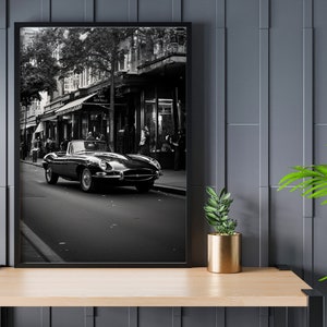 Poster Jaguar Type E Roadster 1963 : impression de voiture en noir et blanc