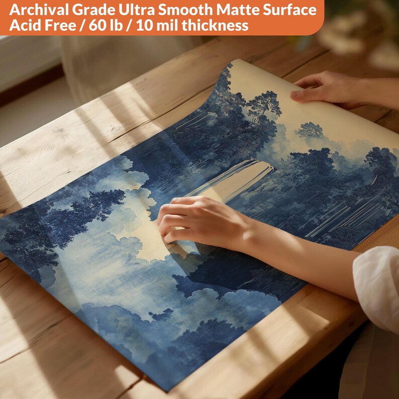 A traditional Japanese Hokusai waterfall poster wall art in blue. Available in multiple sizes with free shipping. (Poster only, no frame included, shown for illustration purposes only)