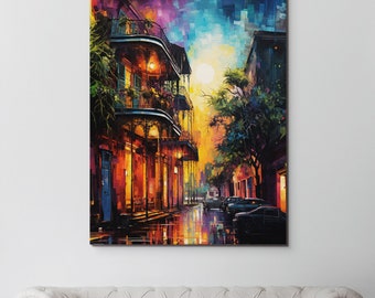 May include: A painting of a street scene in New Orleans at night. The buildings are brightly lit and there are cars parked on the street. The sky is a vibrant blue and purple with a full moon.