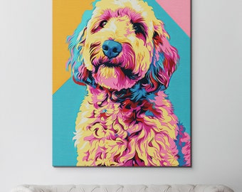 Warhol Style Goldendoodle Dog Portrait: Colorful Rolled Canvas