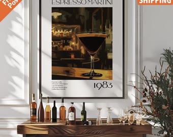 Vintage Espresso Martini Cocktail Recipe Bar Cart Poster Print, Vodka Cocktail Drink Wall Art For Bar Or Kitchen, Poster Only Or Framed