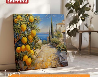 Amalfi Coast Lemon Tree Canvas Art: Italy Coastal Watercolor Painting