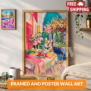 May include: Framed wall art featuring a Corgi dog enjoying a meal at a table with flowers. The artwork has a colorful, impressionistic style with a pink and blue color scheme. The text "FRAMED AND POSTER WALL ART" is at the bottom.