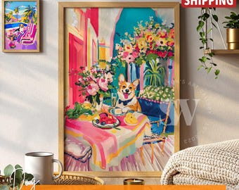 May include: A framed print depicting a Corgi dog at a table laden with food and flowers. The artwork is vibrant, with a pink and turquoise palette. The text "FRAMED AND POSTER WALL ART" is displayed at the bottom of the image.