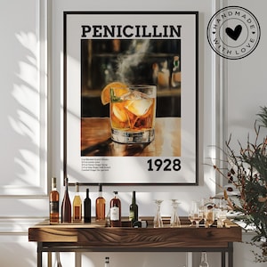 Vintage Penicillin Cocktail Rezept Bar Warenkorb Alkohol Poster Druck, Whisky Getränk Wandkunst für Bar oder Küchendekoration, Poster nur oder gerahmt