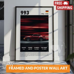 ポルシェ993プリント、ヴィンテージポルシェの白黒ヴィンテージポルシェカーウォールアート、車の写真プリント、父の日の車の装飾、マンケイブアート