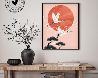 Japanese Cranes Ukiyo-e Art Print: Asian Landscape Poster