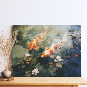 Orange & White Koi Fish Canvas - Koi Art Painting, Modern Fish Artwork, Koi Fish Art, Koi Fish Decoration with Free Shipping