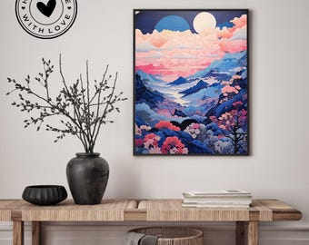 May include: A framed print of a colorful landscape painting with mountains, clouds, and a moon. The painting is in shades of blue, pink, and purple. The frame is black.