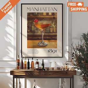 Póster vintage de cócteles Manhattan, póster con receta de whisky para carrito de bar, arte mural de whisky para bar o cocina.