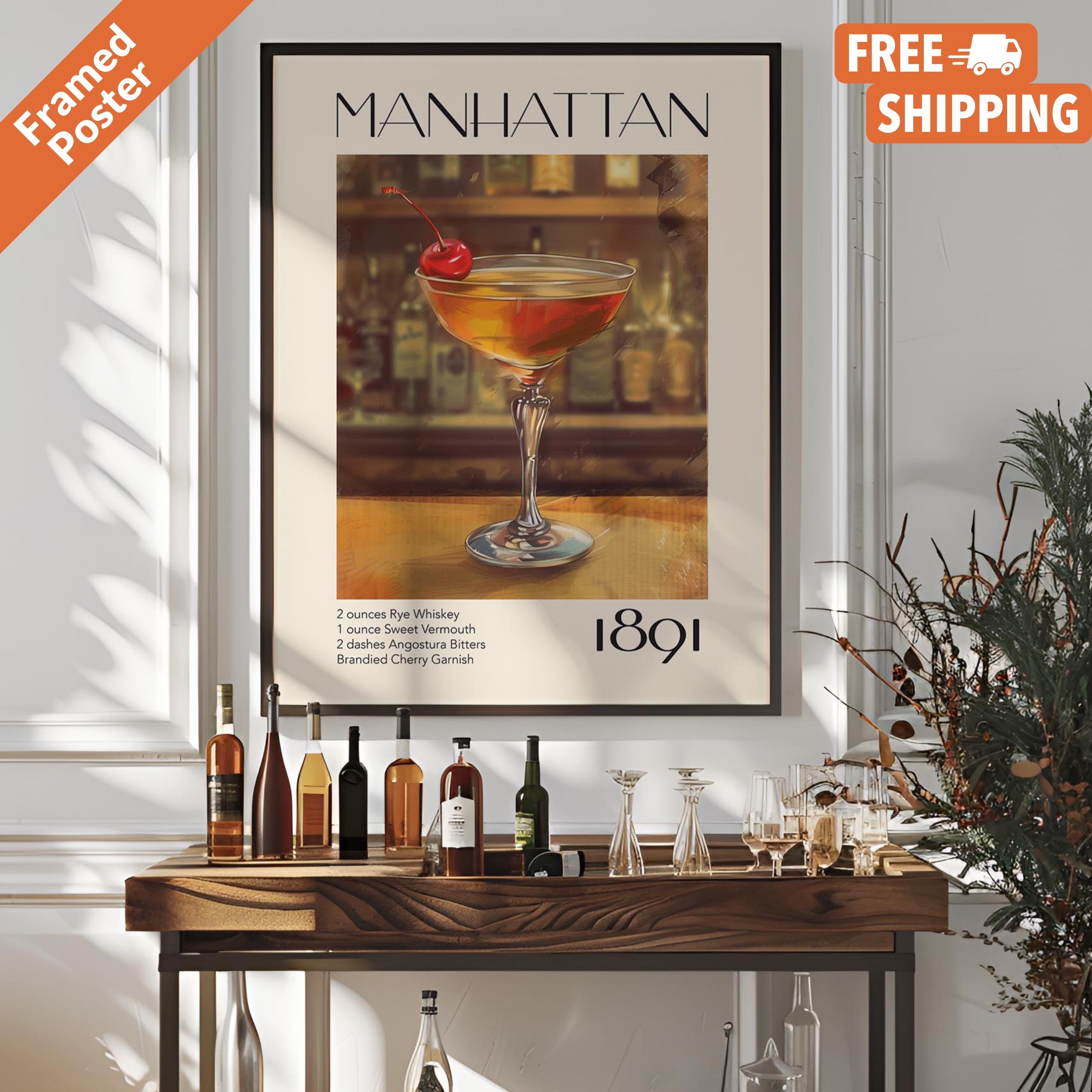 Vintage Manhattan Cocktail Poster, Whiskey Cocktail Recipe Bar Cart Poster Print, Whisky Drink Wall Art For Bar Or Kitchen
