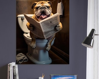 English Bulldog Reading Newspaper On Toilet: Humorous Animal Poster