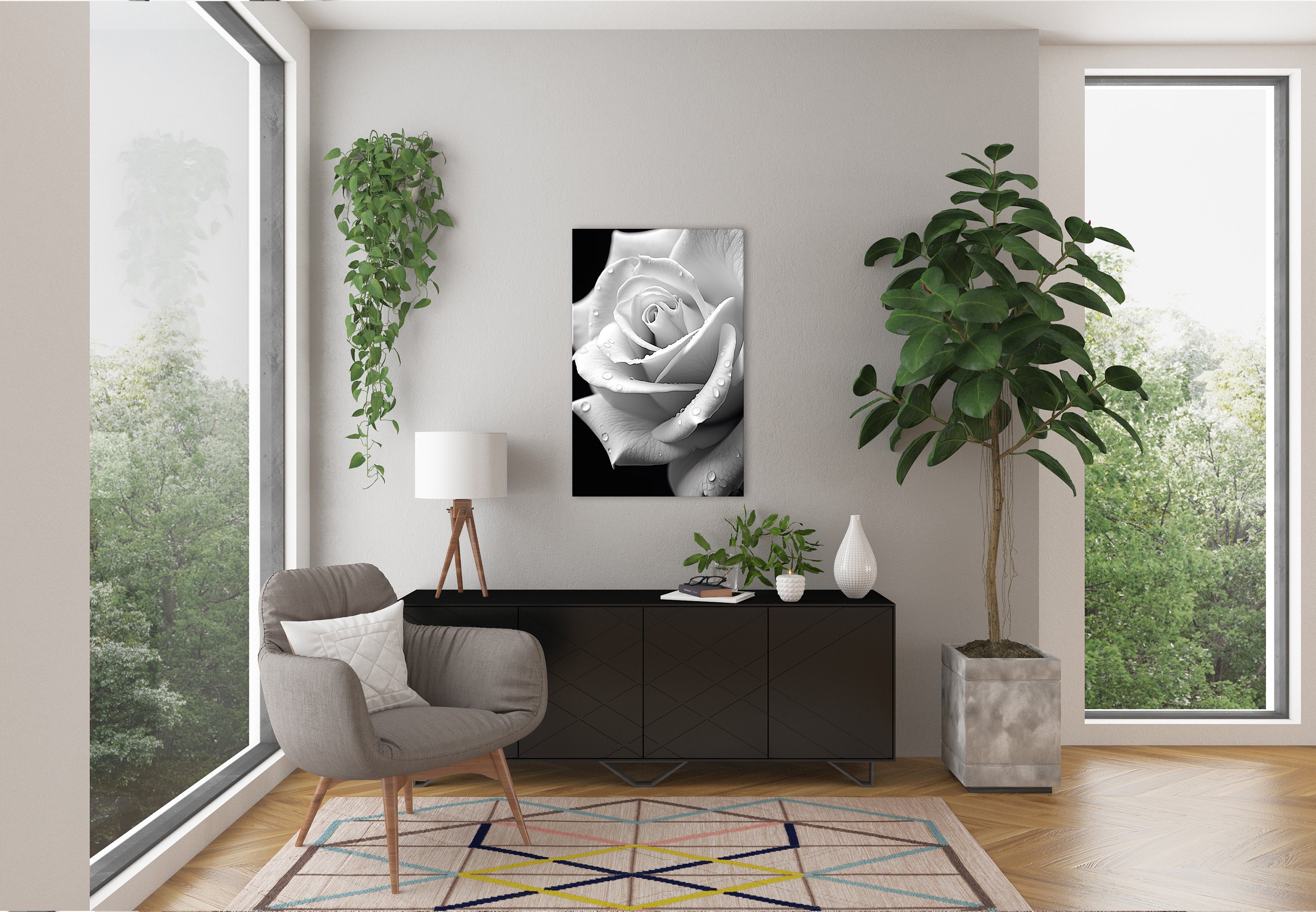 Black and White Artful Rose Canvas Print Monochrome Flower Wall Art ...