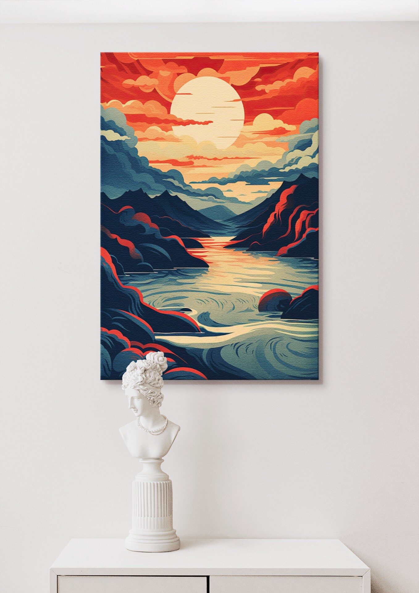 高質で安価 Blue Red Sun Setting Sea Japanese Illustration Art Wall 額縁