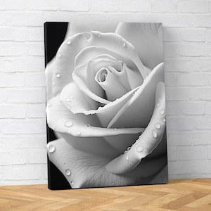 Impressão em tela de rosa artística em preto e branco, arte de parede de flores monocromáticas, close-up, decoração de arte fina de rosa