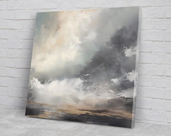 May include: Abstract painting of a cloudy sky with shades of gray, white, and gold. The painting depicts a dramatic sky with a sense of depth and movement.