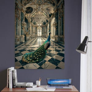 Póster de pavo real en un palacio, arte de pared, póster de pavo real real, ideal para decoración del hogar.