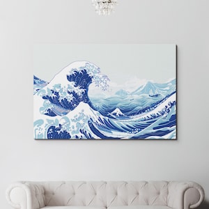 Traditional Japanese Hokusai Blue Great Wave Wall Art Canvas Blue Japanese Home Decor Print