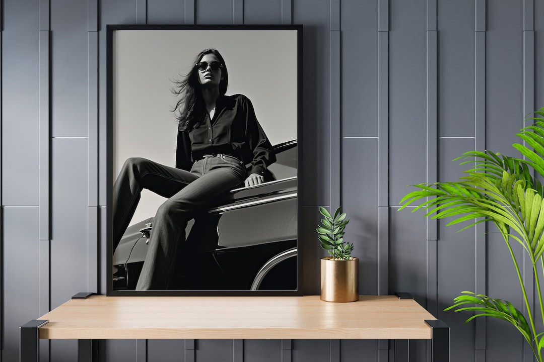 Model on Classic Car Framed Fine Art Photo Print Black White Fashion