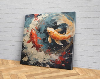 Custom Koi Fish Canvas Print - Red & Gold Koi in Abstract Blue Water - Koi Fish Decoration - Japanese Koi Fish - Free Shipping