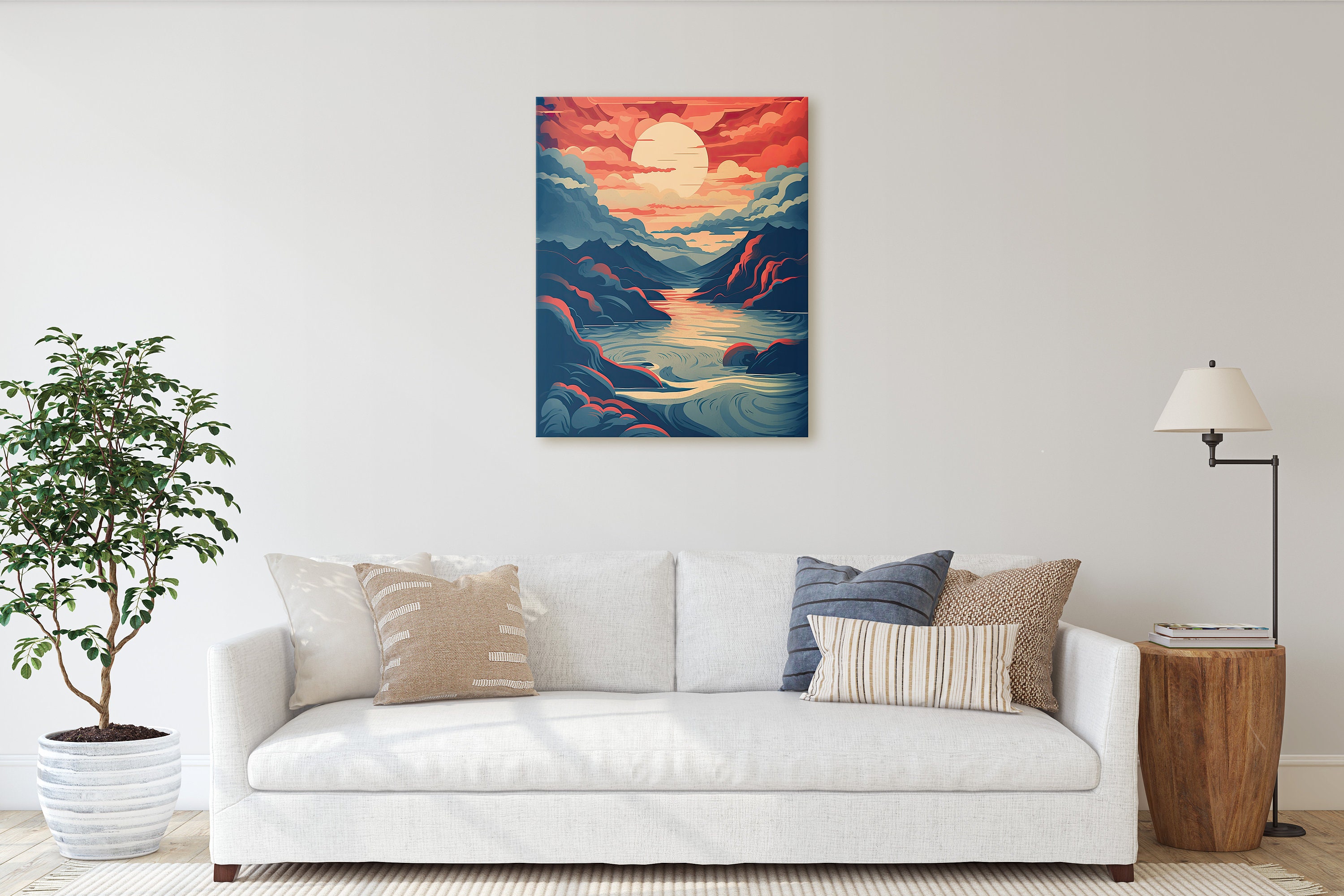 Japanese Sea Setting Sun Red Blue Illustration Wall Art
