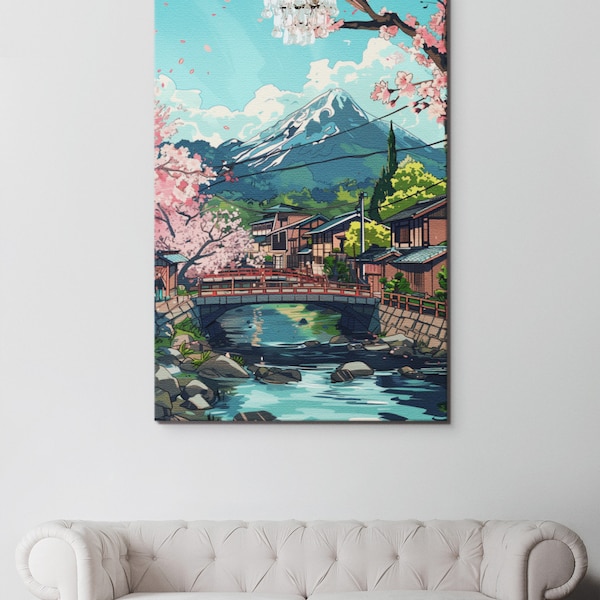 Traditional Japanese Ukiyo-e Mt Fuji Wall Art Landscape Canvas , Blue Pink Japanese Decor With Free Shipping