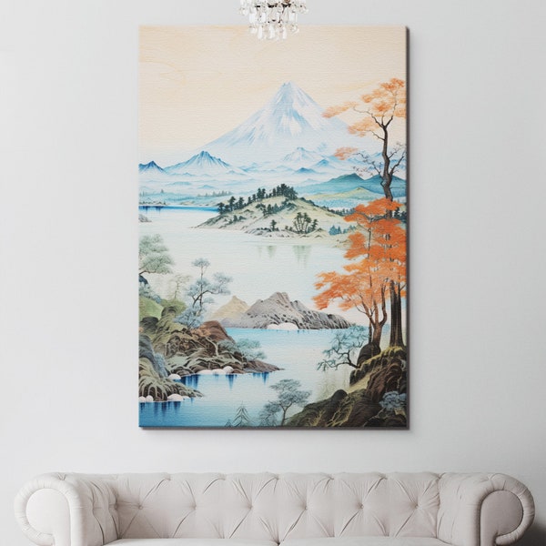Japanese Mt Fuji Dreamscape Wall Art Canvas, Traditional Blue Japanese Print With Free Shipping