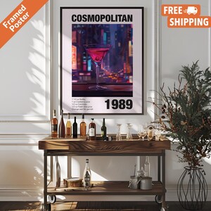 Póster vintage de Cosmopolitan, impresión de póster de carrito de bar con receta de cóctel, arte mural de vodka para bar o cocina, solo póster o enmarcado.