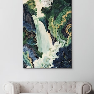 Hokusai Ukiyo-e Japanischer Wasserfall Leinwand Kunst Blau Grün Traditionelle Asiatische Zen-Landschaft Leinwanddruck Japanisches Wohndekor