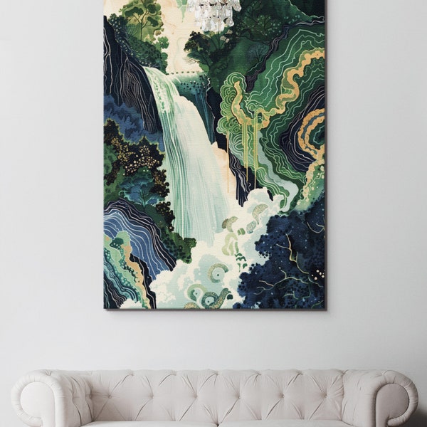 Hokisai Ukiyo-e Japanese Waterfall Wall Art Landscape Canvas Print, Blue Green Japanese Decor With Free Shipping