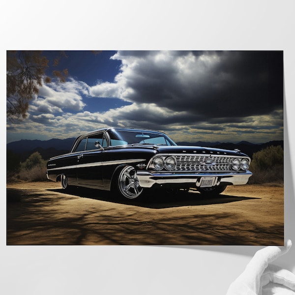 Ford Galaxie 500 Poster Print, Vibrant 1962 Classic on Desert Road, Vintage Car Poster, Car Art for Enthusiasts, Classic Car Wall Decor