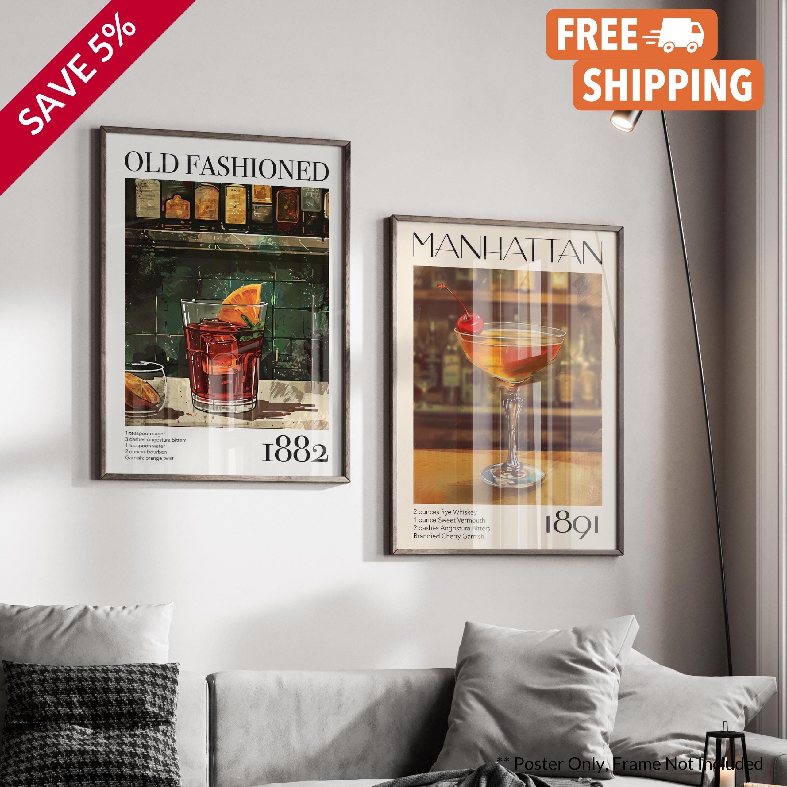 2 Pack Vintage Cocktail Recipe Print, Bar Cart Posters, Classic Cocktail Drink Wall Art For Bar Or Kitchen, Poster Only Or Framed