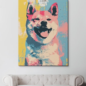 A modern Andy Warhol style dog portrait of a Shiba Inu. Available in multiple sizes with free shipping. (Rolled canvas only, no frame or stretcher bars included, seen hanging for illustration purposes only)