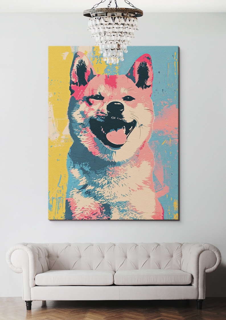 A modern Andy Warhol style dog portrait of a Shiba Inu. Available in multiple sizes with free shipping. (Rolled canvas only, no frame or stretcher bars included, seen hanging for illustration purposes only)
