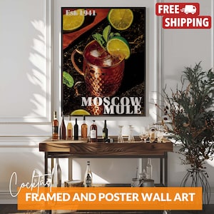 Póster vintage de Moscow Mule, impresión de carrito de cócteles de vodka, arte mural de vodka para bar o cocina, solo póster o enmarcado.