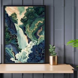 Stampa poster Hokusai Ukiyo-e, stampa artistica giapponese cascata blu verde, arredamento giapponese per la casa