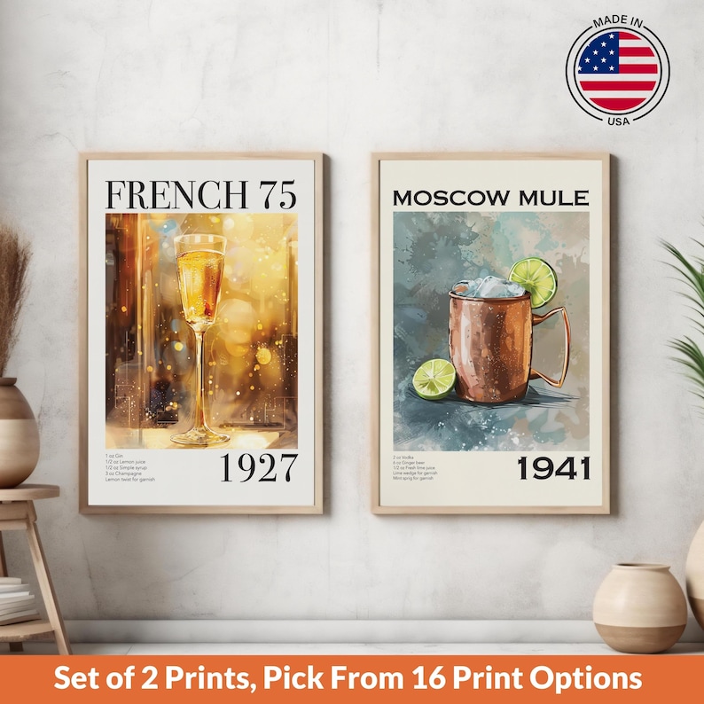 A set of 2 vintage bar cocktail drink wall art posters with recipes & the year created. Choose 2 from our 17 designs. Available in multiple sizes with free shipping. (Poster only no frame included, shown framed for illustration purposes only)
