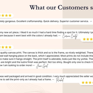 May include: Five customer reviews with five stars each. The reviews highlight the quality of the canvas prints, the craftsmanship, and the quick delivery. The reviews also mention the seller's excellent customer service.