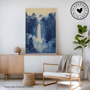 A traditional Japanese Hokusai waterfall poster wall art in blue. Available in multiple sizes with free shipping. (Poster only, no frame included, shown for illustration purposes only)
