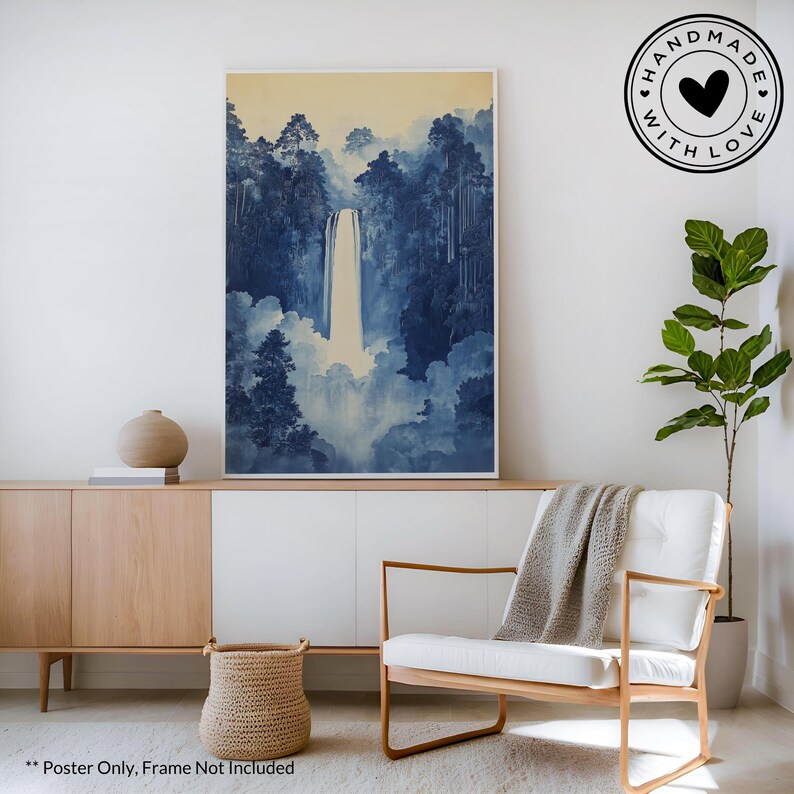 A traditional Japanese Hokusai waterfall poster wall art in blue. Available in multiple sizes with free shipping. (Poster only, no frame included, shown for illustration purposes only)